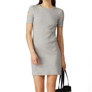 HELMUT LANG Mini Dress Size M Gray Ribbed Cut-Out Short Sleeve T-Shirt Cotton